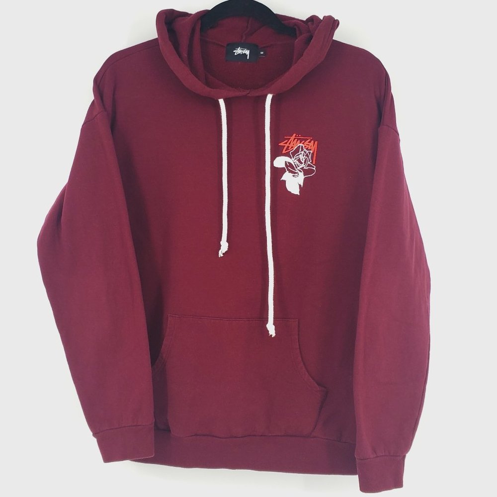 Stussy Maroon Rose Graphic Print Hoodie Medium